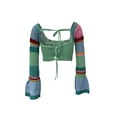 thumbnail image 4 of Boiiwant Women Knitted Crop Tops Flared Long Sleeve Square Neck Tie Up Drawstring Knitwear Color Block Crochet Hollow-out Short Sweater, 4 of 9