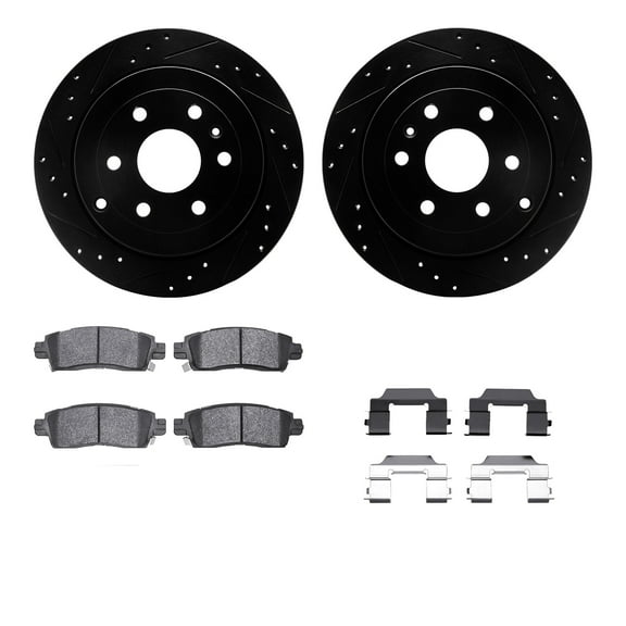 Dynamic Friction Company Rear Brake Rotors-Drilled and Slotted-Black with 5000 Euro Ceramic Brake Pads includes Hardware 8612-48006