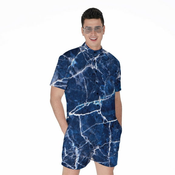 Blue White Marble Short Sleeve Men'S Rompers Casual Summer Jumpsuits Outfit
