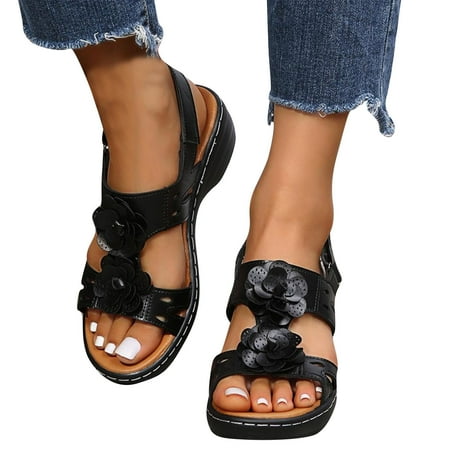 

AOOCHASLIY Independence Day Shoes Women s Plus-size Sandals Round Head Open Toe Cutout Wedges Fish Mouth Flowers Casual And Comfortable Retro Roman Sandals