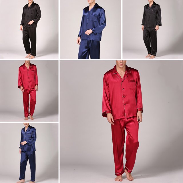 Farfi Hombres Verano Imitación Seda Pijama Set Camisa Pantalones Inicio vestido dormir ropa de dormir Negro Farfi Set de pijama