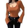 thumbnail image 2 of Women'S Long Sleeve Tops, Scoop Neck Ribbed Knit Shirt Slim Fit Pullover Sweater Casual Basic Thermal Shirt Dark Brown L, 2 of 9