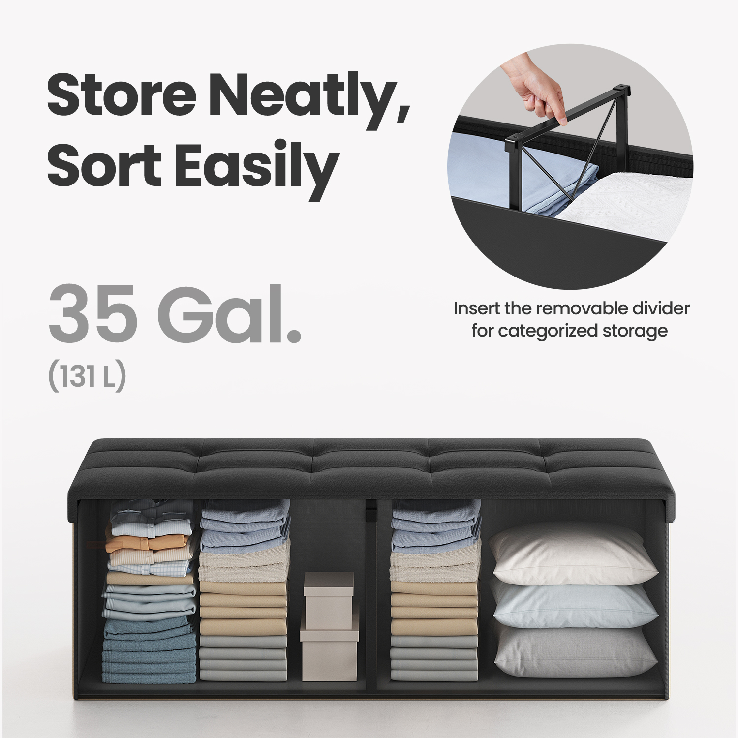 Ledrem Folding Storage Ottoman Bench 43 in, Black photo 2