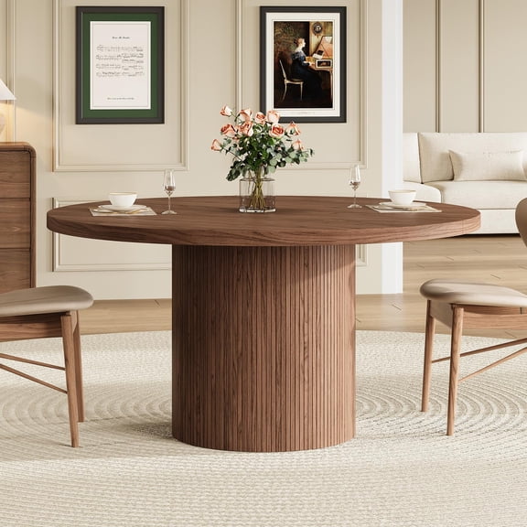 47 Round Dining Table, Walnut Fluted Pedestal Base, Mid-Century Modern