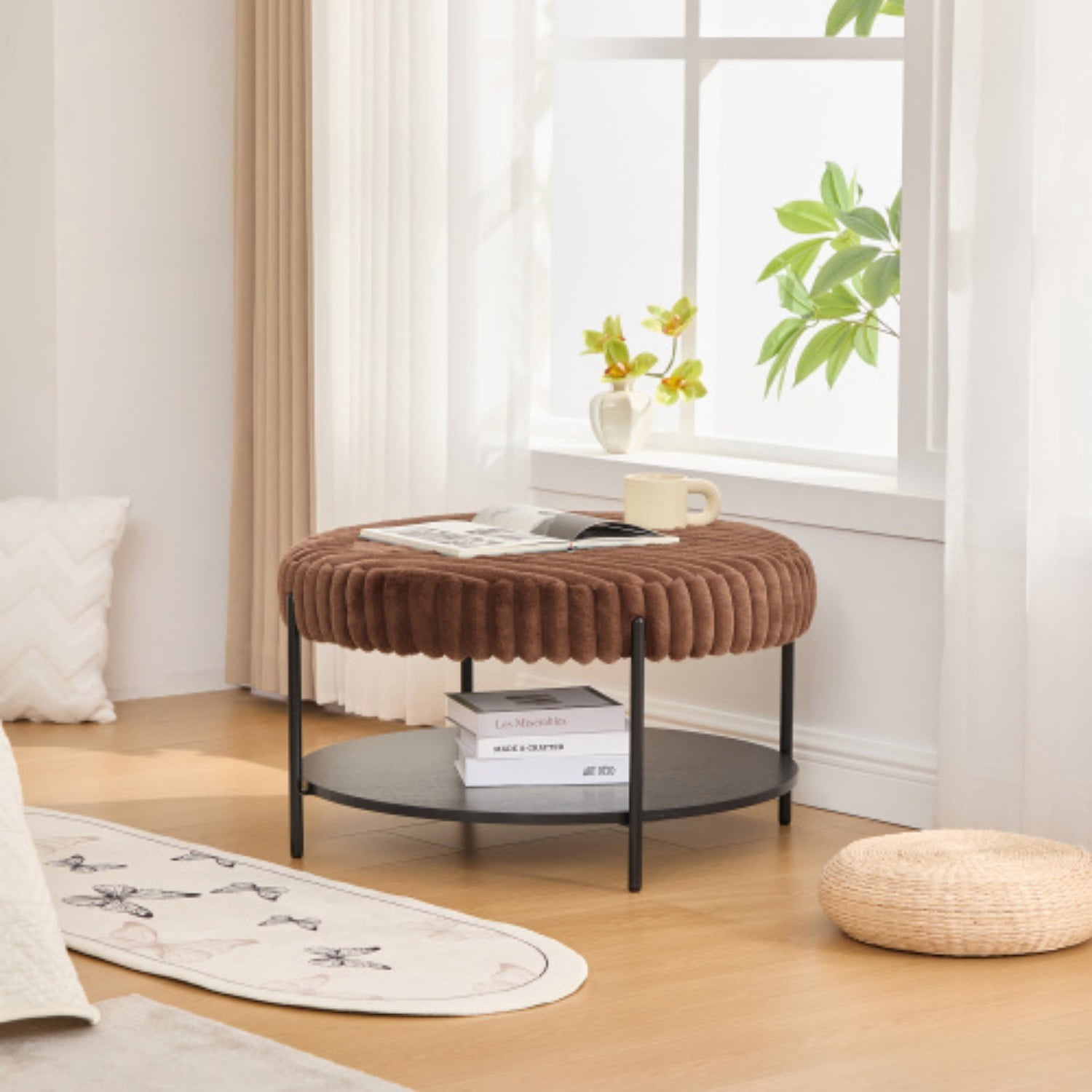 30.9" Round Upholstered Ottoman Coffee Table, Faux Fur Foot Stool with Open Storage Shelf & Black Metal Legs, Brown Footrest Ottoman