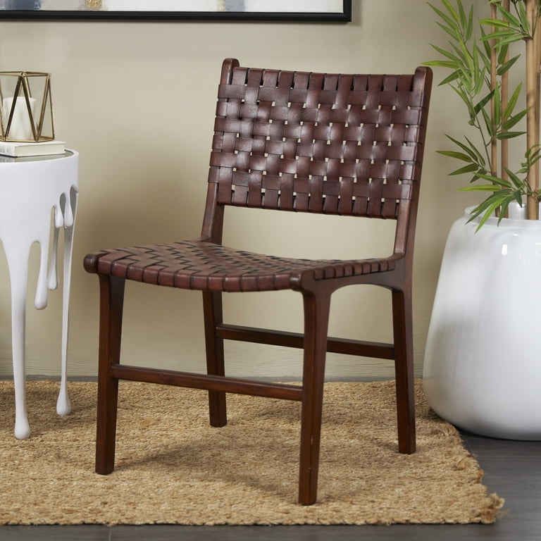 TEAK & LEATHER DINIG CHAIR① DecMode Leather Handmade Woven Dining Chair with Teak Wood Frame