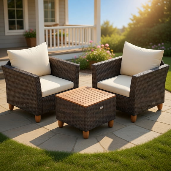 Yardi Yard 3 Pieces Patio PE Wicker Furniture Set, Patio Conversation Set with Cushions and Acacia Wood Storage Coffee Table for Outdoor as Yard, Beige