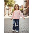thumbnail image 3 of Miaouyo Toddler Baby Girl Fall Spring Outfits 6 12 18 24 Months 2T 3T Crochet Flower Long Sleeve Round Neck Pullover + Elastic Waist Denim Flare Pants Set, 3 of 9