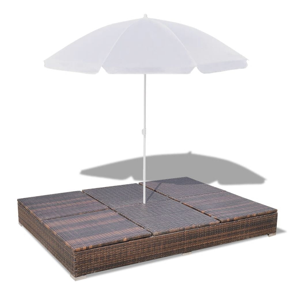 Kepooman Outdoor Poly 2-Seat Adjustable Rattan Lounge Bed with Parasol for Patio Beach, Brown Kepooman Outdoor Poly 2-Seat Adjustable Rattan Lounge Bed with Parasol for Patio Beach, Brown