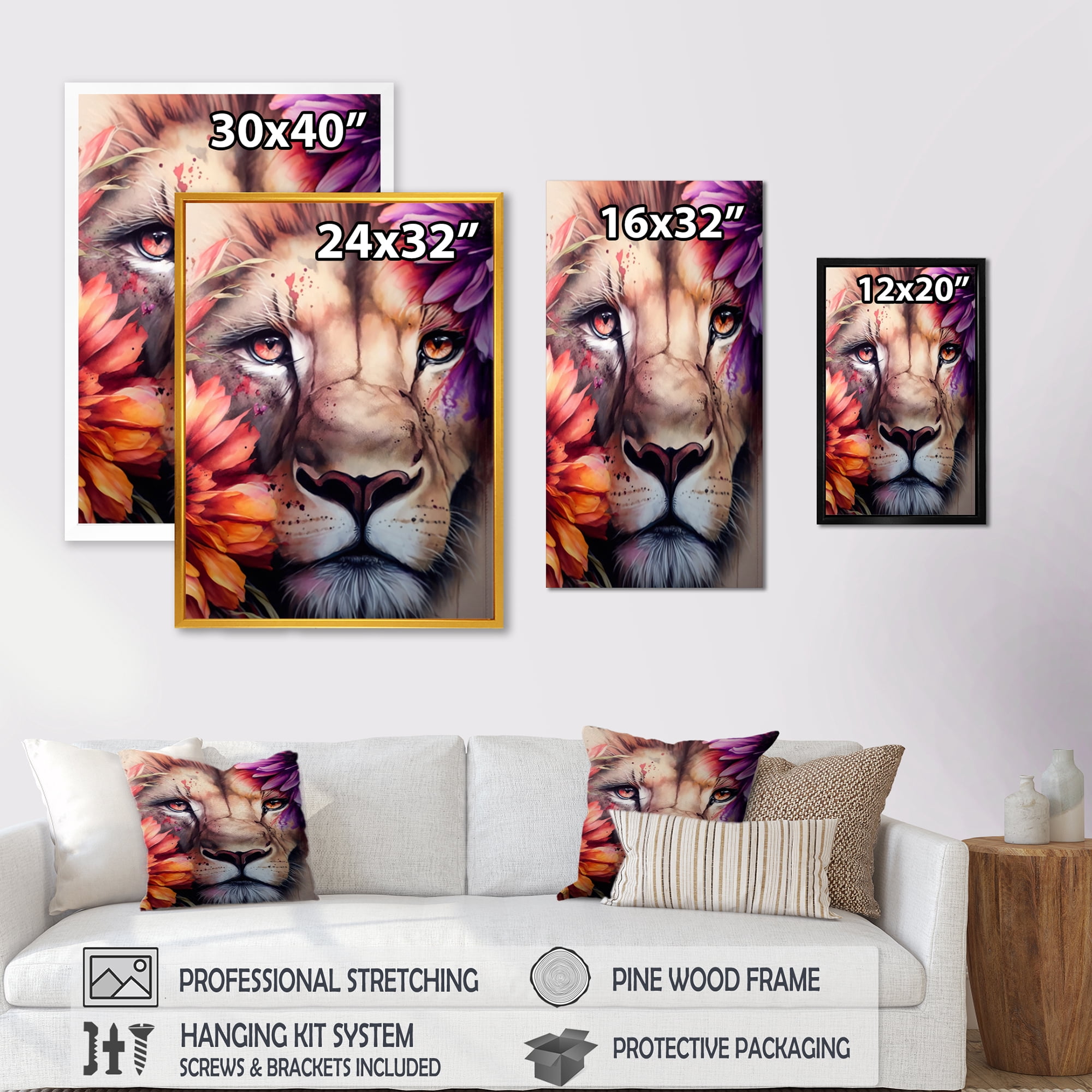 Designart Lion Portrait With Flowers I Canvas Wall Art