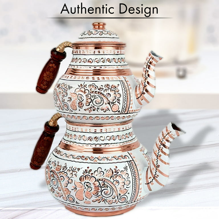 Vintage Brass Teapot Kettle Ceramic Porcelain Blue White Handle