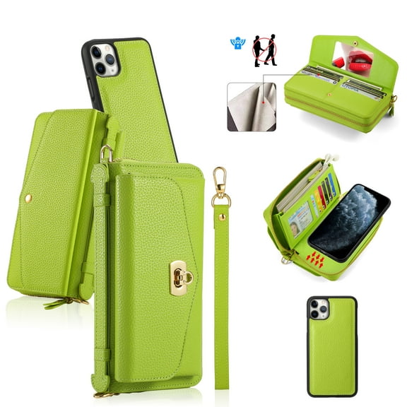 ELEHOLD Wallet Phone Bag with Case for iPhone 11 Pro Large Capacity Multi-Functional Case with Card Holders Zipper Purse Wriststrap Crossbody Shoulder Strap Handbag Case for Women Girls,green