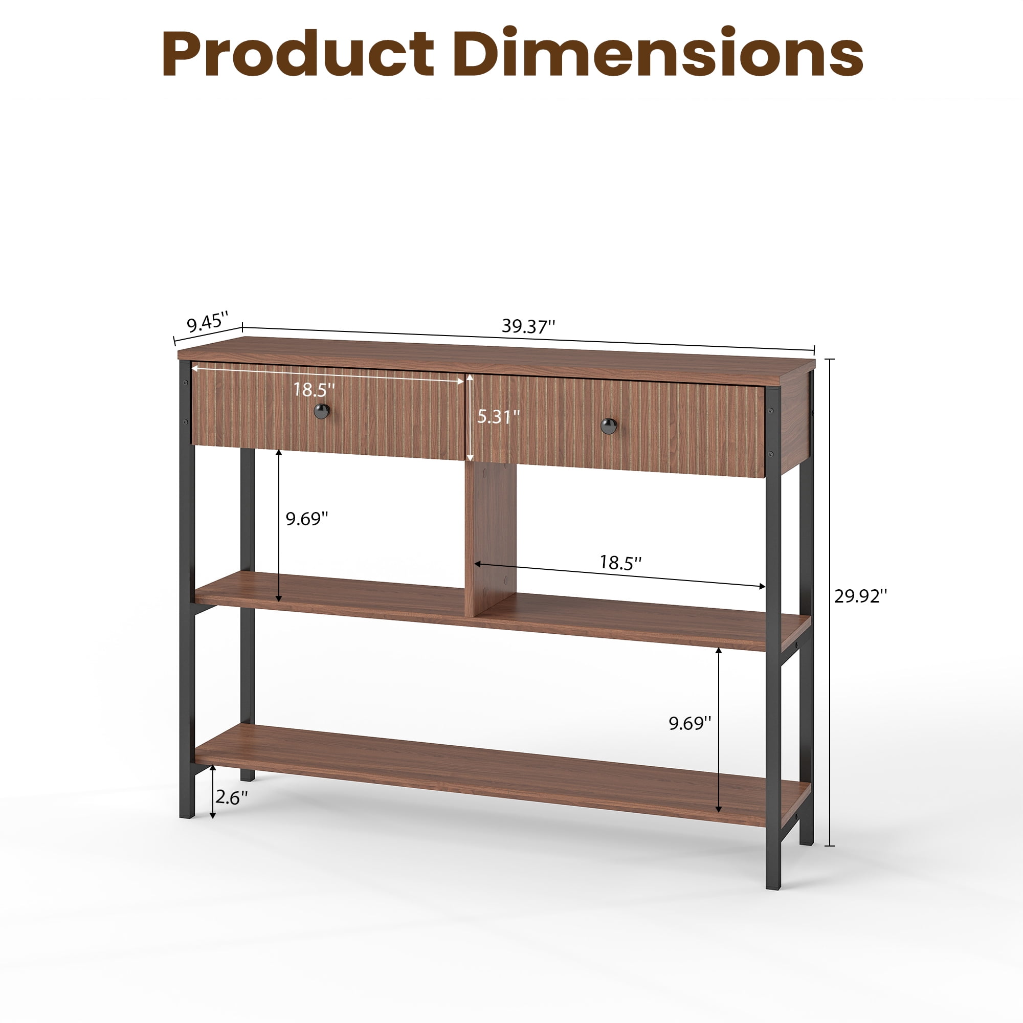 Manxile Fluted Wood Console Table with 2 Drawers, Mid Century Entryway Table with Open Storage Shelf, Walnut Oak