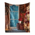 thumbnail image 1 of Christmas Soft Flannel Fleece Throw Blanket, Xmas Scenery in House with Frozen Window Traditional Annual Design, Cozy Plush for Indoor and Outdoor Use, 50" x 70", Red Blue, by Ambesonne, 1 of 6