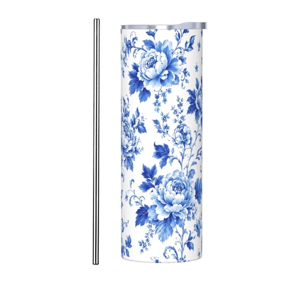 20oz Blue and White Peony Floral Tumbler with Handle and Straw Insulated Travel Coffee Cup Gift with Stainless Steel Straw