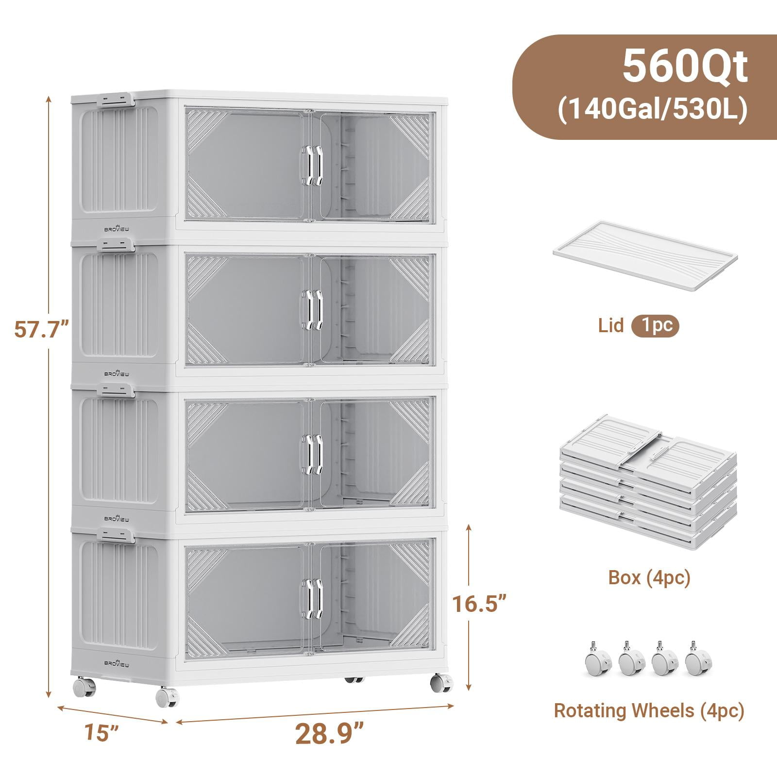 Broview V60 140Gal Extra Large Stackable Storage Bins with Lid, 560QT Plastic Containers With Drawers, Folding Closets with 6x Wheels, Collapsible Cabinets Organizers for Home Office, 4Pack White
