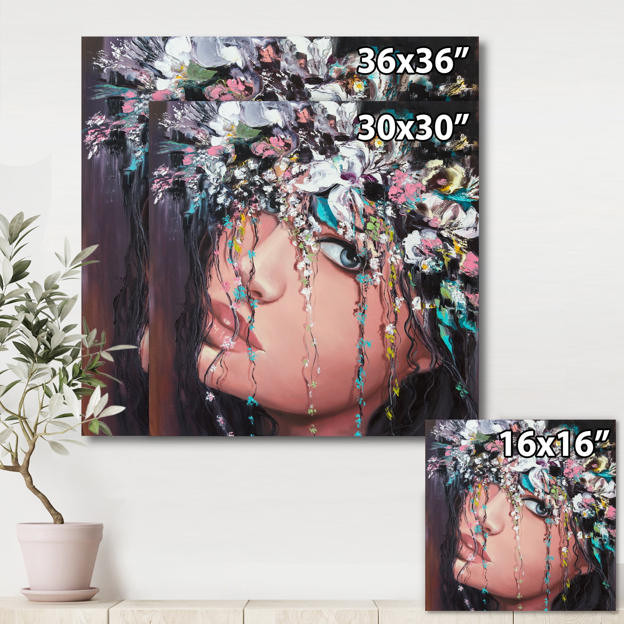Designart ' Portrait Of A Young Woman With Flowers II ' Modern Canvas Wall Art Print