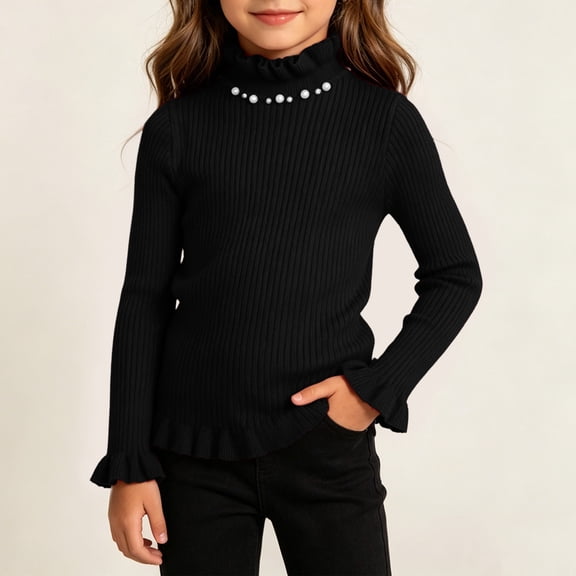 Qulqfy Girls Sweaters Knit Ruffle Long Sleeve Cute Comfy High Neck Pullover Black Fall Outfits Size 6