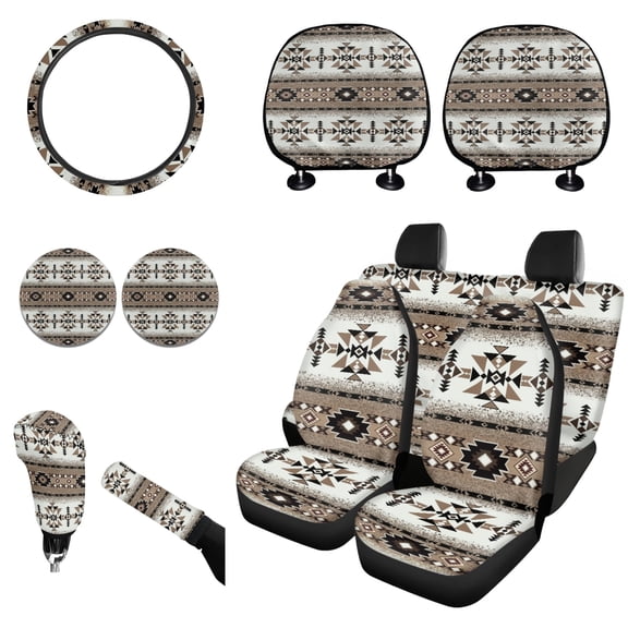 Renewold American Tribal Brown Car Seat Cover Full Set for Women Men, with Cup Coasters Steering Wheel Protector Handbrake Gear Shift Knob Headrest Cover Auto Decor, Set of 11
