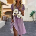 thumbnail image 2 of UoCefik Womens Cocktail Dresses Casual Floral Short Sleeve Mid Length Dresses Elegant V Neck Summer Beach Sundress Trendy Business Flowy Dress Purple XL, 2 of 4