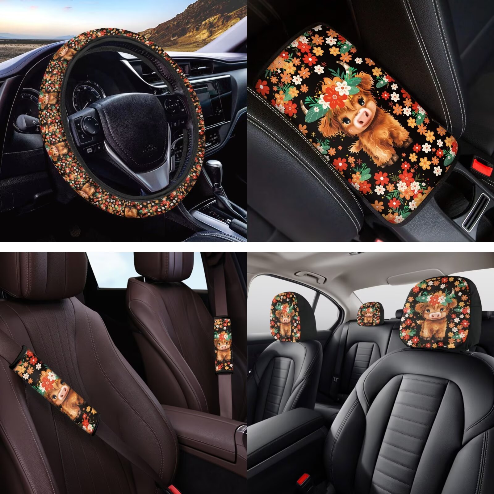 Yuyamidu Highland Cow Auto Seat Cover Full Set 14 Pack Car Accessories Colorful Flower Steering Wheel Cover Armrest Cover Seatbelt Shoulder Pad Headrest Covers Cup Mat Key Ring