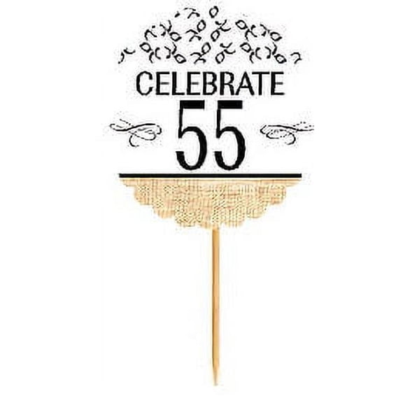 55th Birthday / Anniversary Novelty Burlap Cupcake Decoration Picks -12pack