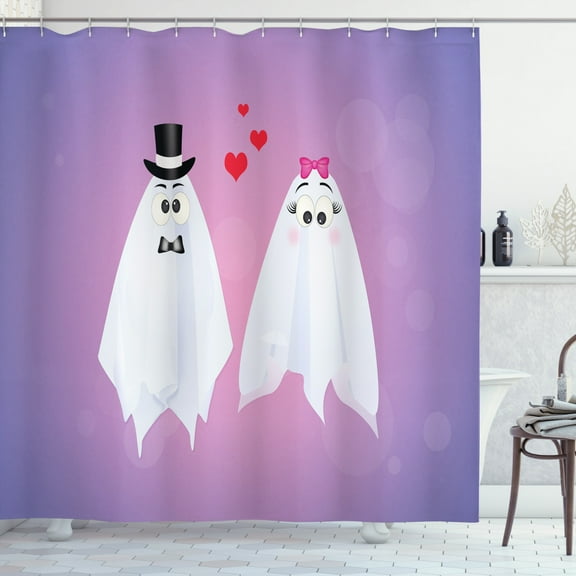 Ghost Shower Curtain, Funny Ghost Couple Wedding of Weird Bride and Groom Characters Love Romance Theme, Fabric Bathroom Set with Hooks, 69W X 84L Inches Extra Long, Multicolor, by Ambesonne