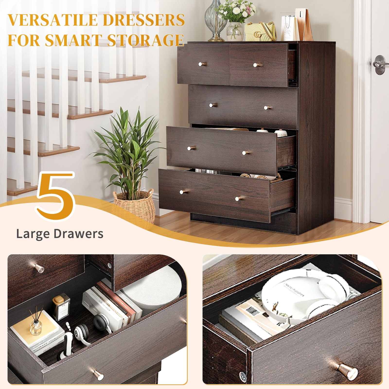 Ktaxon Large 5 Drawers Dresser Chests for Bedroom, Wood Chset of Drawers,Dressers Organizer for Bedroom, Living Room,Hallway, Brown