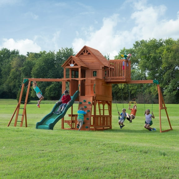 Backyard Discovery Skyfort II Cedar Wood Swing Set, Wave Slide, Clubhouse, Crow's Nest