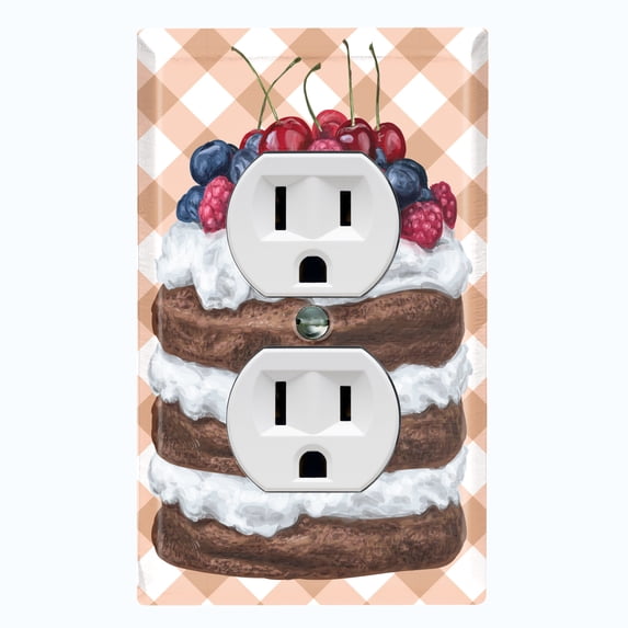 Metal Light Switch Wall Plate Outlet Cover (Layered Chocolate Berry Cherry Whipped Cream Cake - Single Duplex)