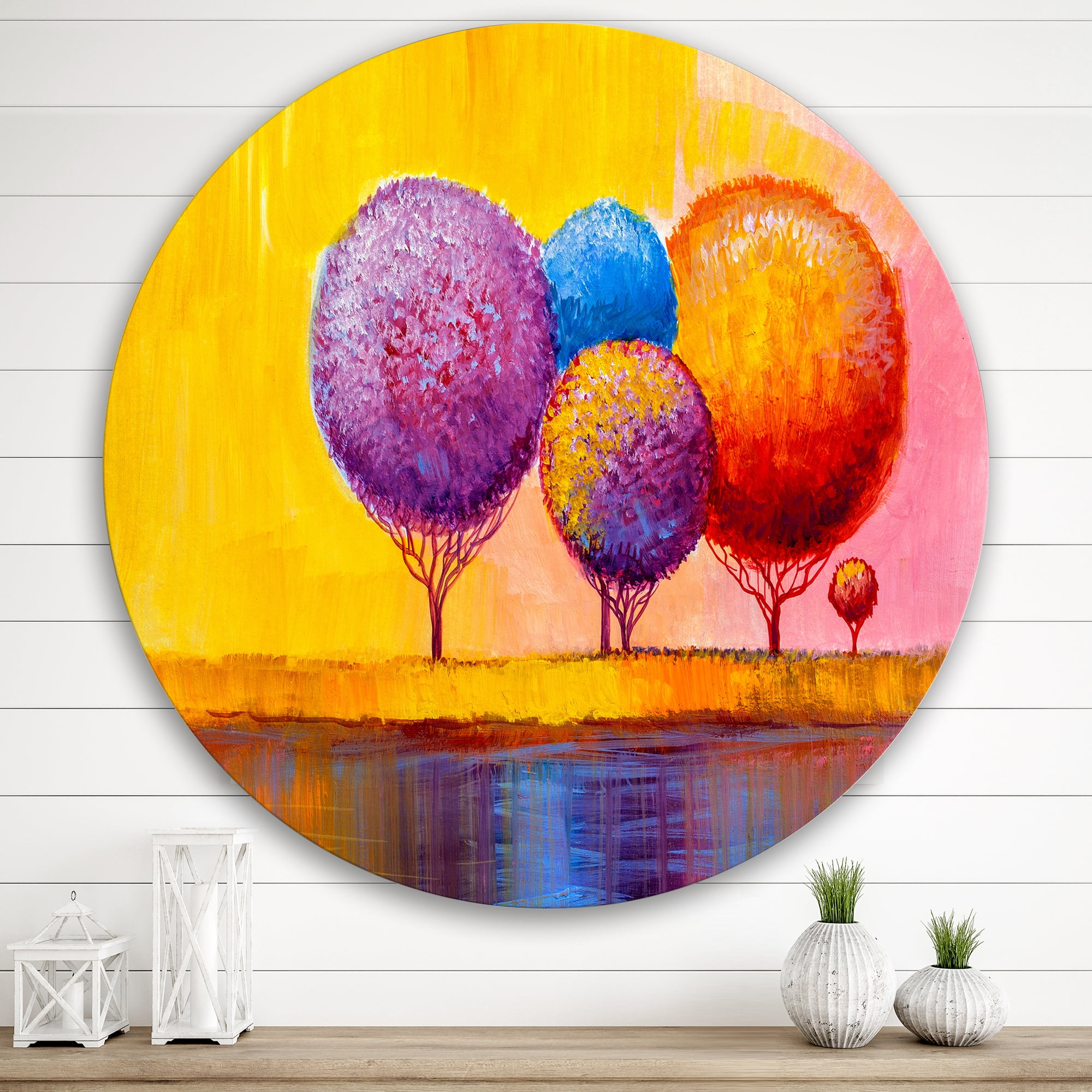 Designart 'Autumn Colorful Fantasy Trees I' Modern Circle Metal Wall Art 36x36 - Disc of 36
