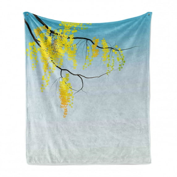 Floral Soft Flannel Fleece Throw Blanket, Modern Print Like Image Tree Branch with Flowers Buds Blossoms Artwork, Cozy Plush for Indoor and Outdoor Use, 60" x 80", Yellow Brown Blue, by Ambesonne