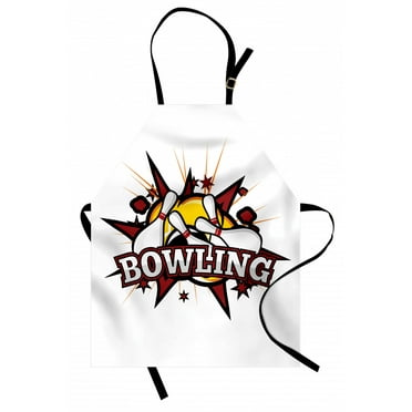 Bowling Party Apron Cartoon Comic Book Style Design Stars Retro Style with Crash Effects, Unisex Kitchen Bib Apron with Adjustable Neck for Cooking Baking Gardening, Ruby White Yellow, by Ambesonne