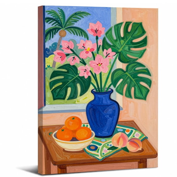 Flower Fruit Canvas Wall Art Framed,Tropical Monstera Plant Floral Landscape canvas print for bathroom bedroom or living room decor,8x12in