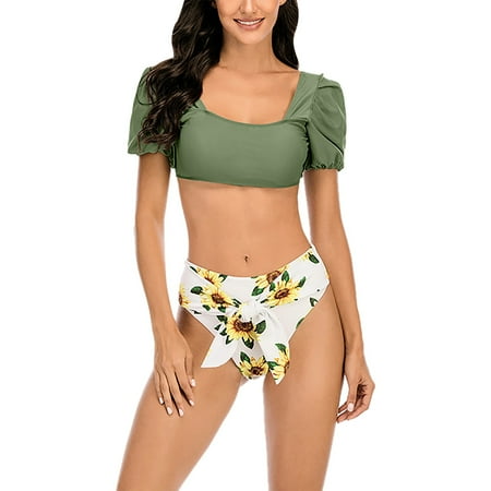 

CALAFEBILA 2023 Retro Fabric Women s Sexy Halter Bustier Bikini Split Print Suit Two-Piece Swimsuit High Cut Bathing Suit