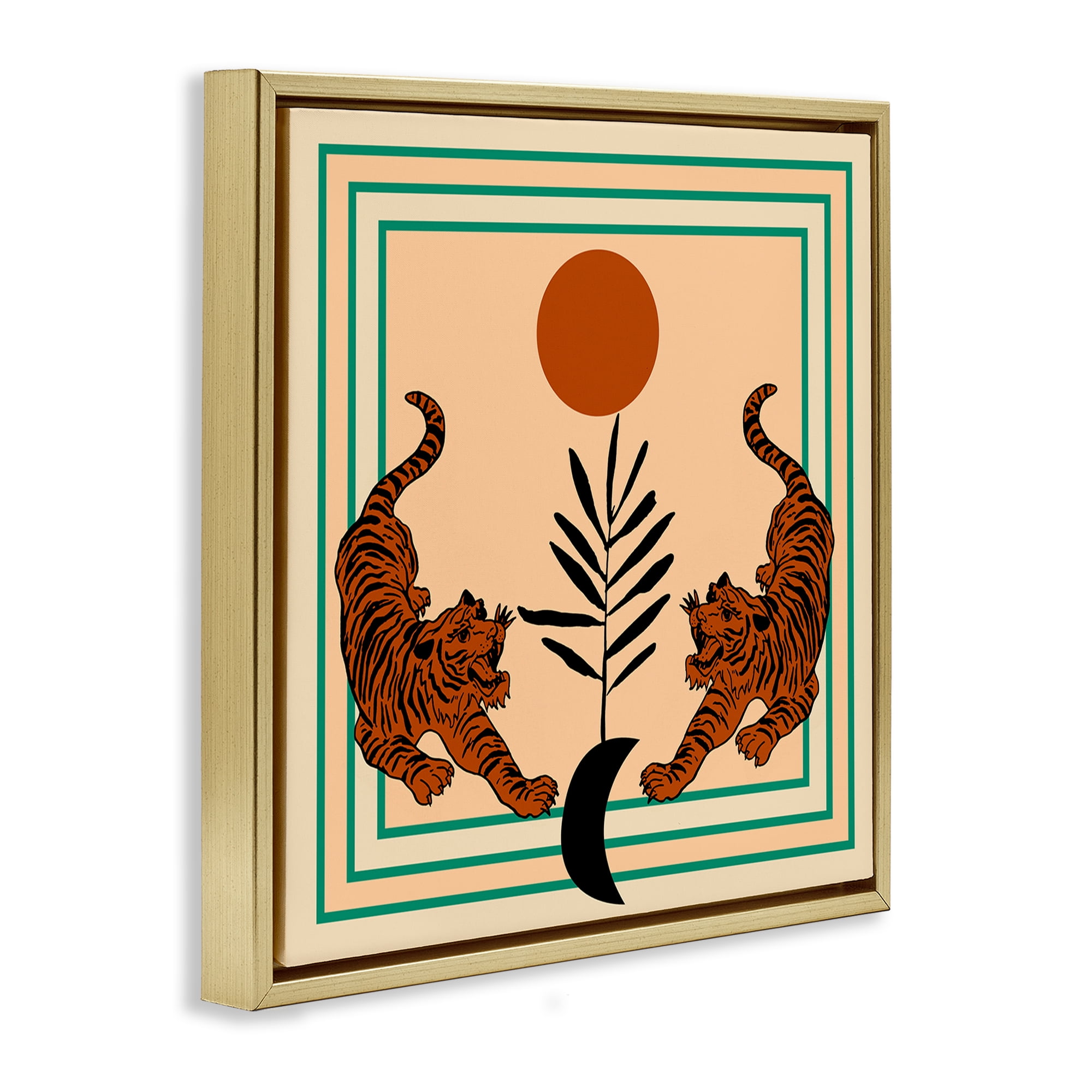 Stupell Industries Symmetrical Tropical Tigers Animals Painting Gold Floater Framed Canvas Art Print Wall Art, 18 x 18