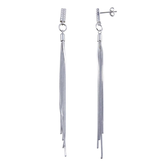 Clear Cubic Zirconia Bar Snake SQ Hanging Earrings Sterling Silver