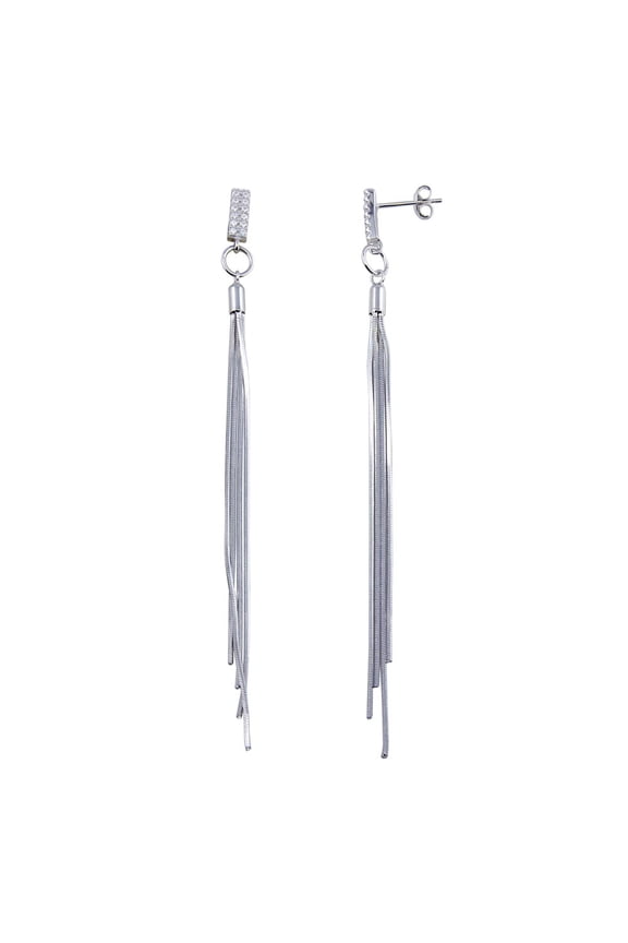 Clear Cubic Zirconia Bar Snake SQ Hanging Earrings Sterling Silver