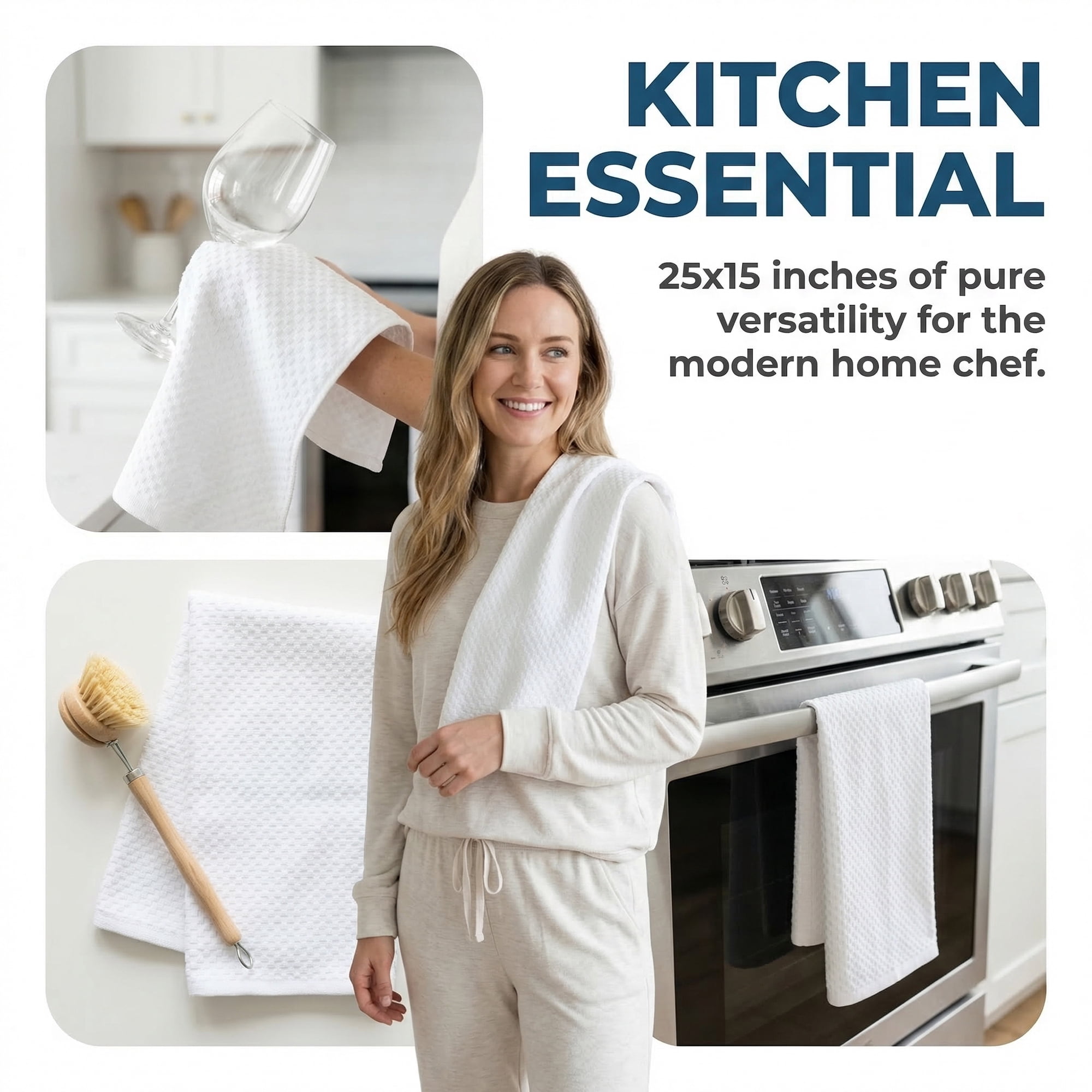 Unique Bargains 2Pcs 100% Pure Cotton Solid Soft Absorbent Kitchen Towels White 25" x 15"