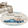thumbnail image 2 of Round Area Rug 3ft, Happy Easter Blue Truck Bunny Eggs Non-Shedding Washable Area Rug, Floral Butterfly on Grid and Flax Non Slip Low-Profile Circle Rugs for Living Room, Bedroom Dining Room, 2 of 9