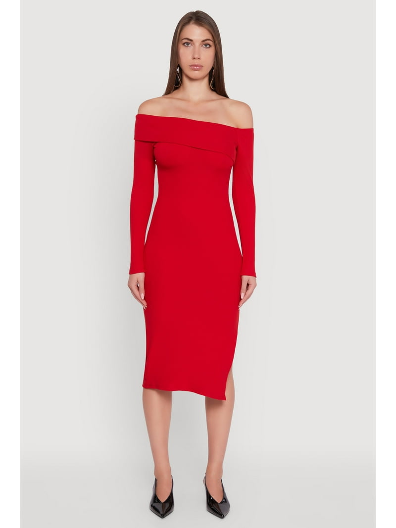Rainbow Womens Asymmetrical Fold Over Off The Shoulder Side Slit Dress, Women's, Size: Medium, Red Rainbow Womens Asymmetrical Fold Over Off The Shoulder Side Slit Dress, Women's, Size: Medium, Red