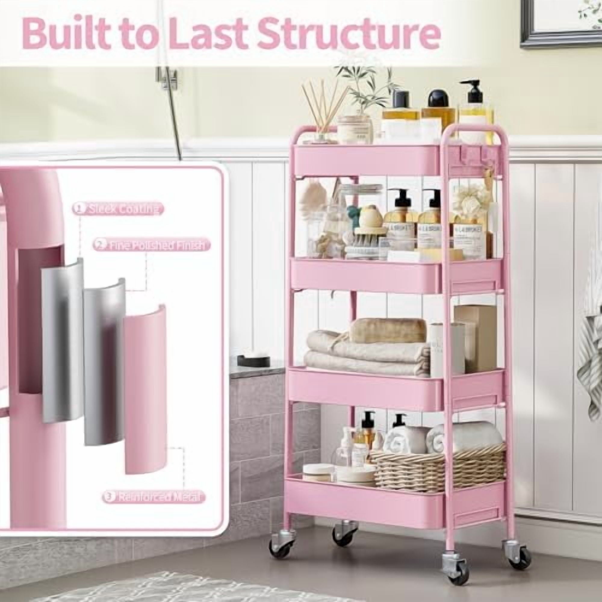 4-Tier Metal Rolling Cart with Wheels, Storage Utility Organizer Cart for Kitchen, Bathroom, Office, Baby Essentials & Makeup - Lockable Casters, Easy Assembly, Large Capacity, Pink
