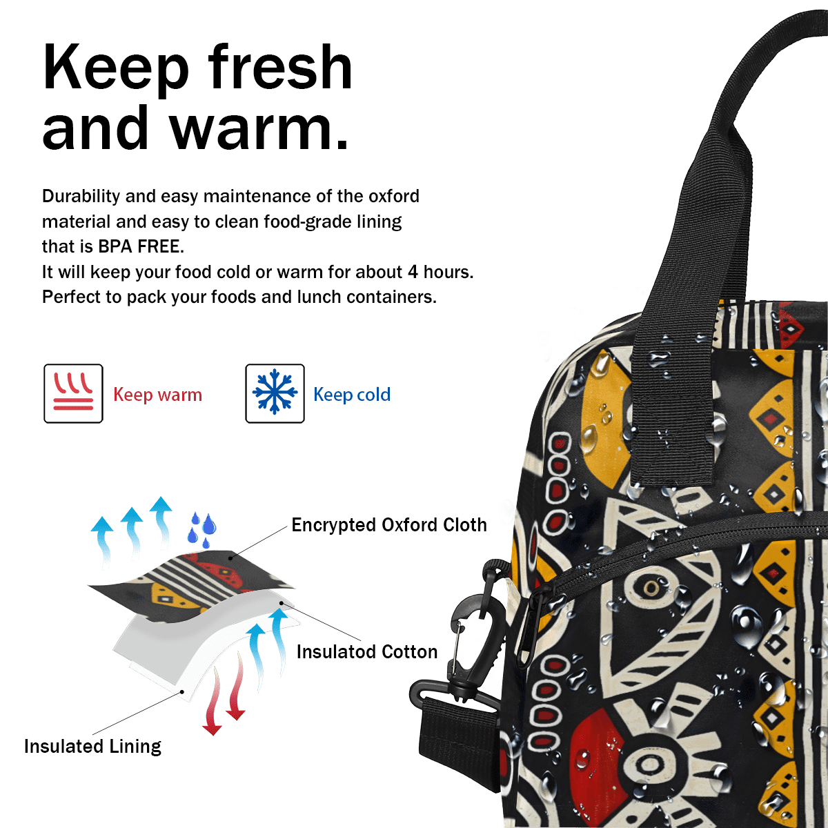 Herdesigns Bohemian Geometric Stripes Insulated Lunch Bag for Women Men Adults Large Reusable Lunch Box Leakproof Portable Cooler Tote Bags with Adjustable Shoulder Strap