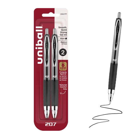 uniballâ„¢ 207 Retractable Gel Pens, Medium Point, 0.7mm, Black Ink, 2 Count