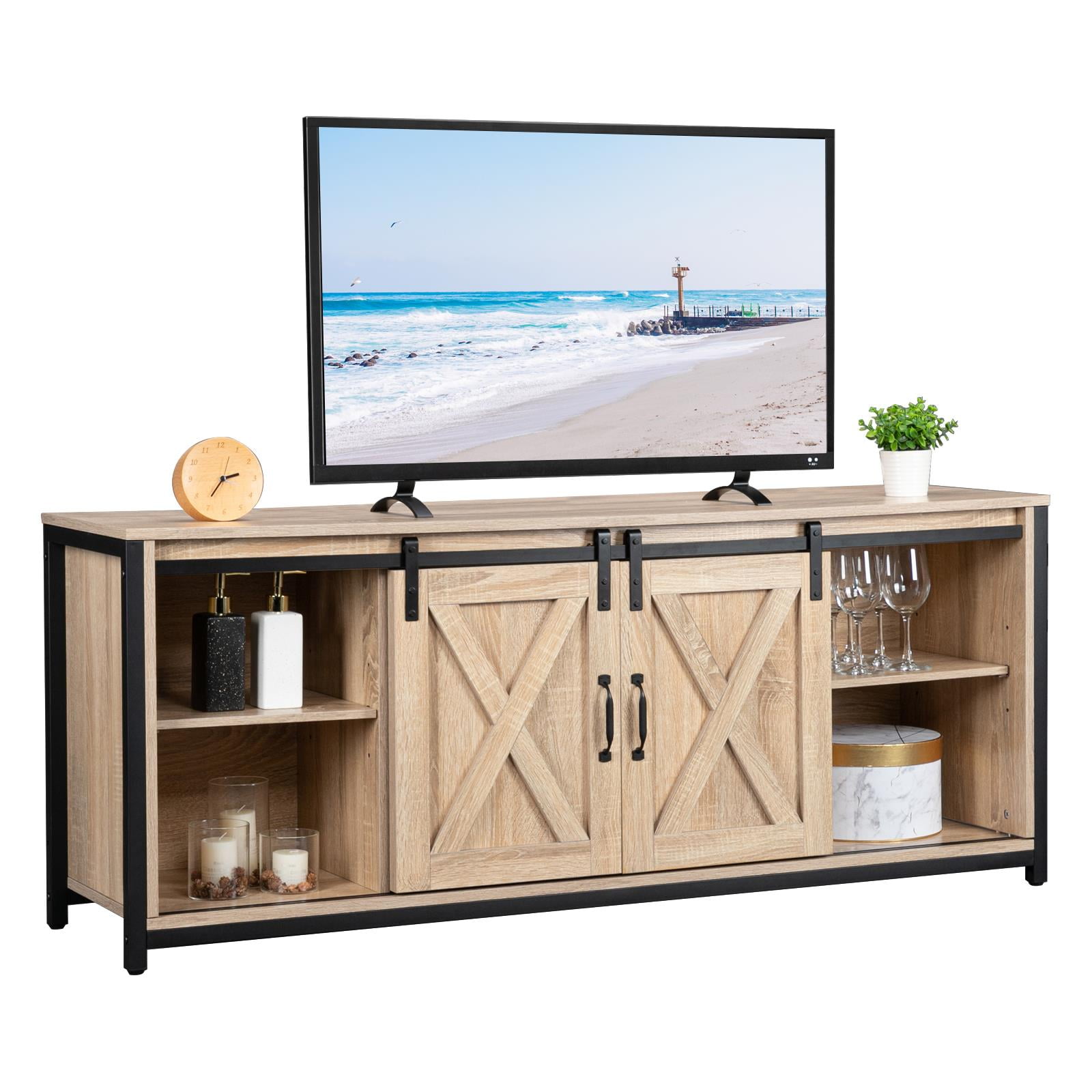 Ktaxon Sliding Barn Doors TV Stand For 65 Inch TV Farmhouse Wood 