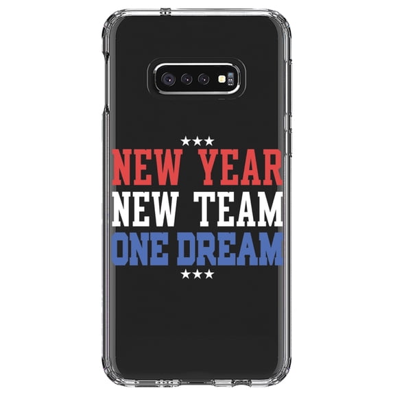 DistinctInk Clear Shockproof Hybrid Case for Samsung Galaxy S10e (5.8" Screen) - TPU Bumper Acrylic Back Tempered Glass Screen Protector - New Year New Team One Dream