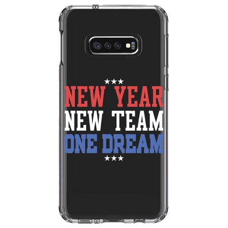 DistinctInk Clear Shockproof Hybrid Case for Samsung Galaxy S10e (5.8" Screen) - TPU Bumper Acrylic Back Tempered Glass Screen Protector - New Year New Team One Dream