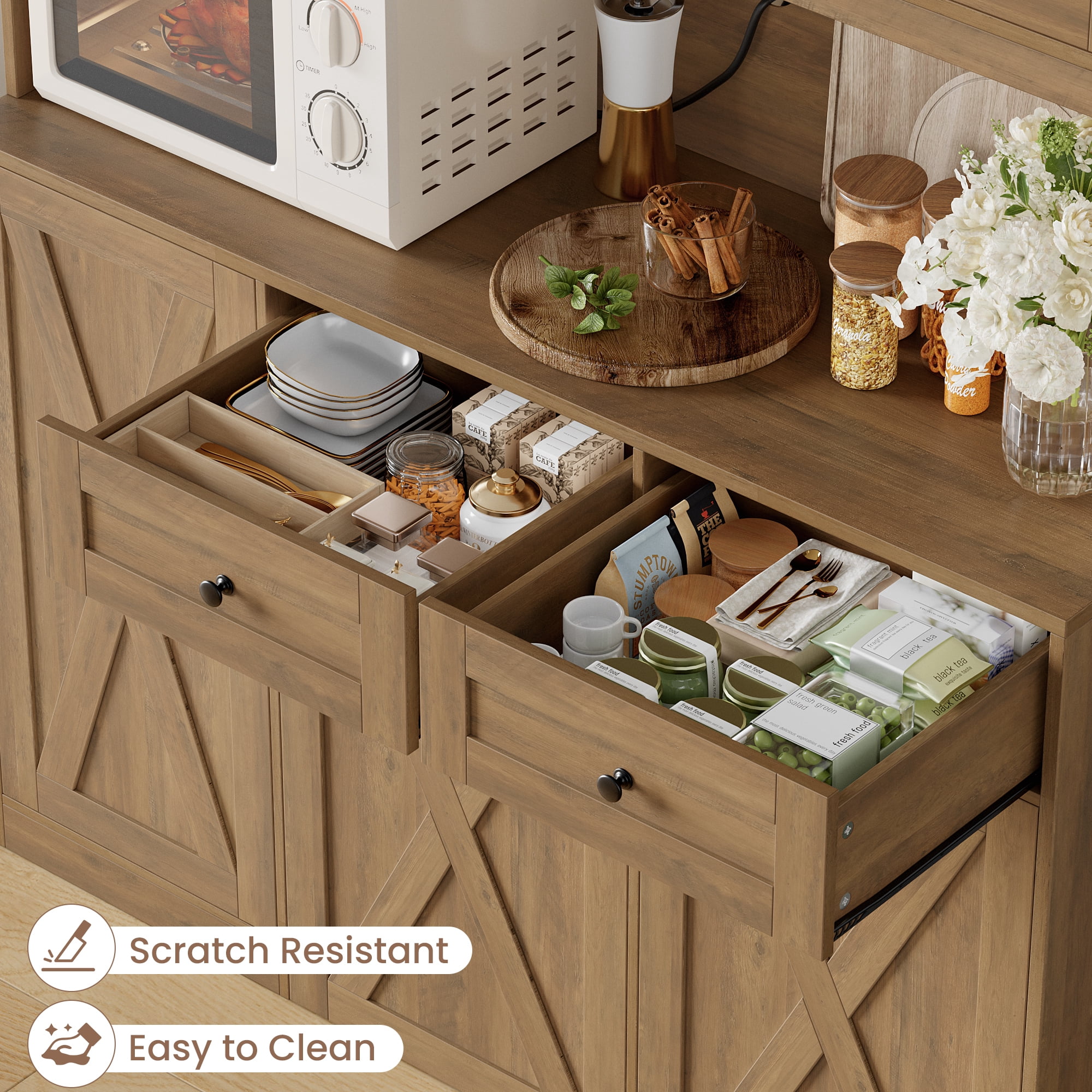 Homfa Kitchen Pantry Cabinet, Trash Can Cabinets Fits 12.5 Gallon Can, 5 Door 2 Drawer Kitchen Storage Cabinet with Hutch, Freestanding Cupboard, Rustic Brown
