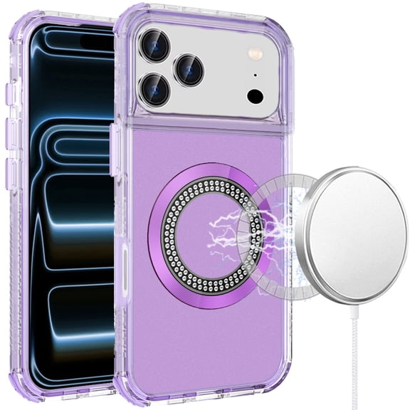 For iPhone 17 Pro Max Magnetic Ring Circle Bling Chrome 3in1 Hybrid Case - Purple