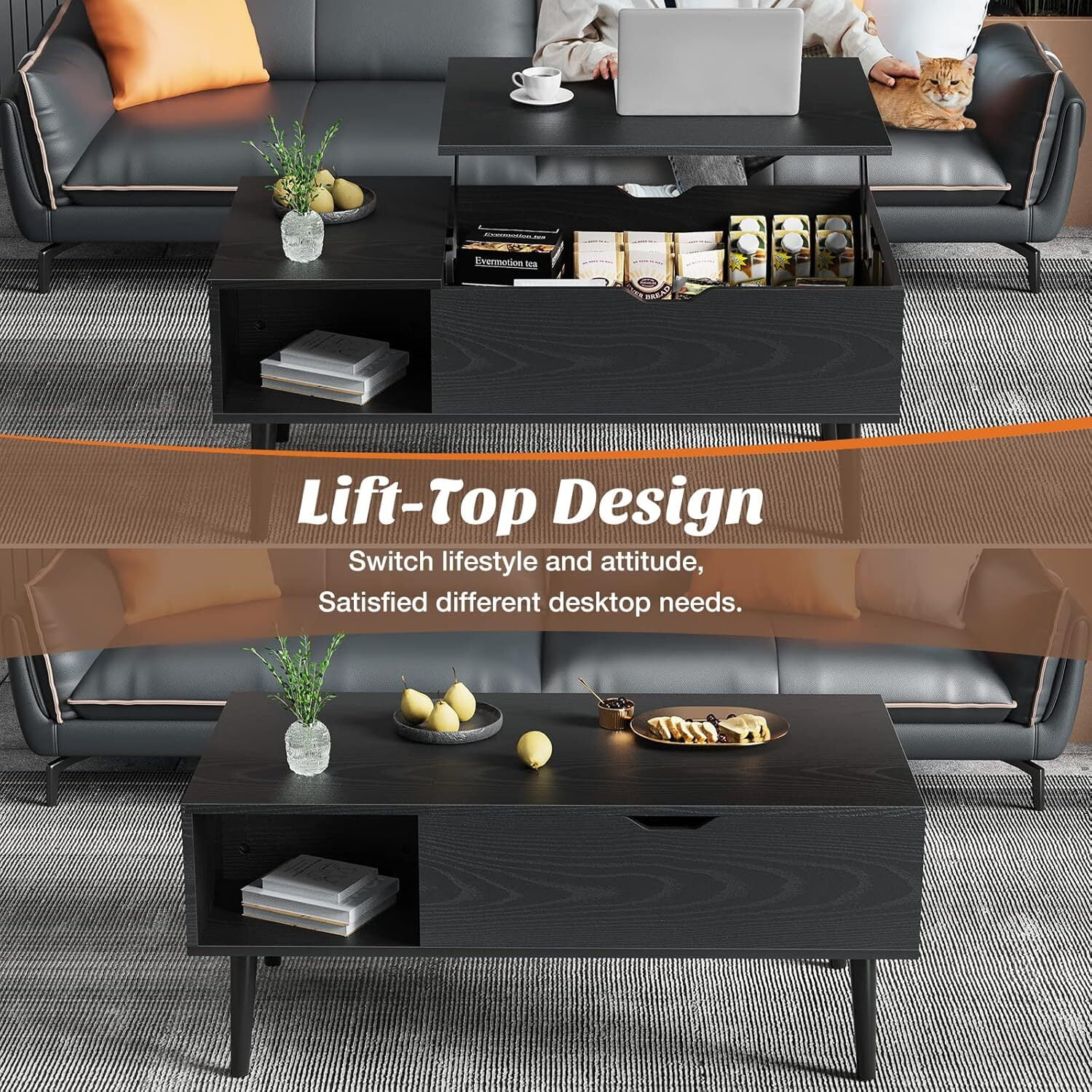 AENKYO Coffee Table, Lift Top Coffee Tables for Living Room with Storage Shelf and Hidden Compartment,Black